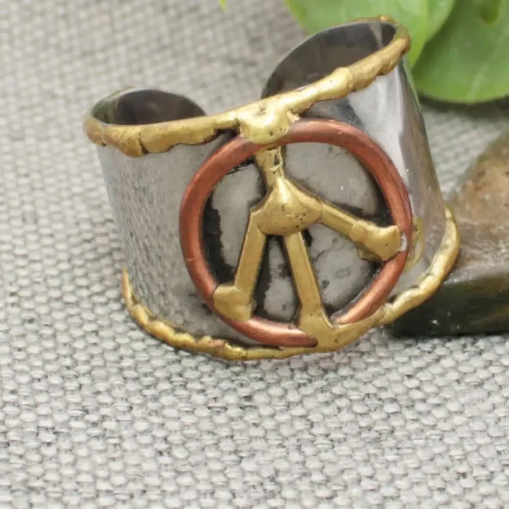 Mixed Metal Peace Sign Ring | Hammered Silver Band with Gold & Copper Boho Ring